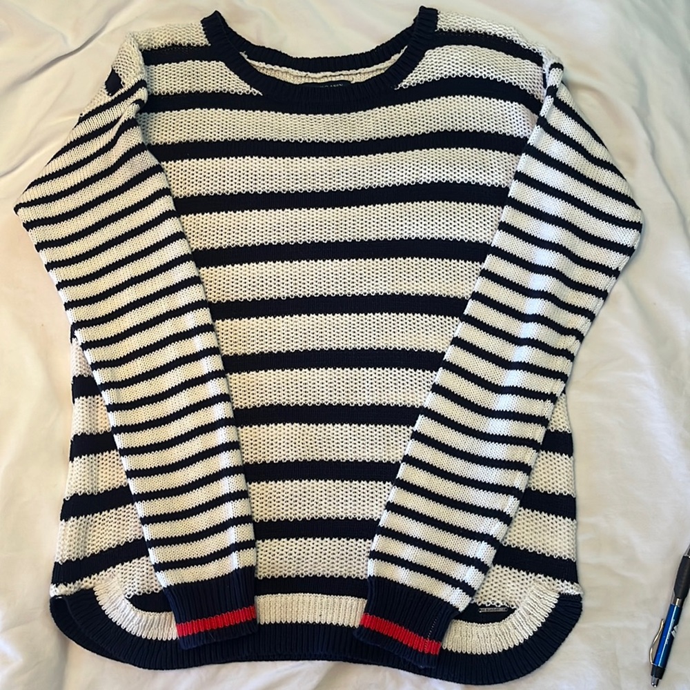 Very cute, like new WOT, navy/white stripe sweater with red on cuff